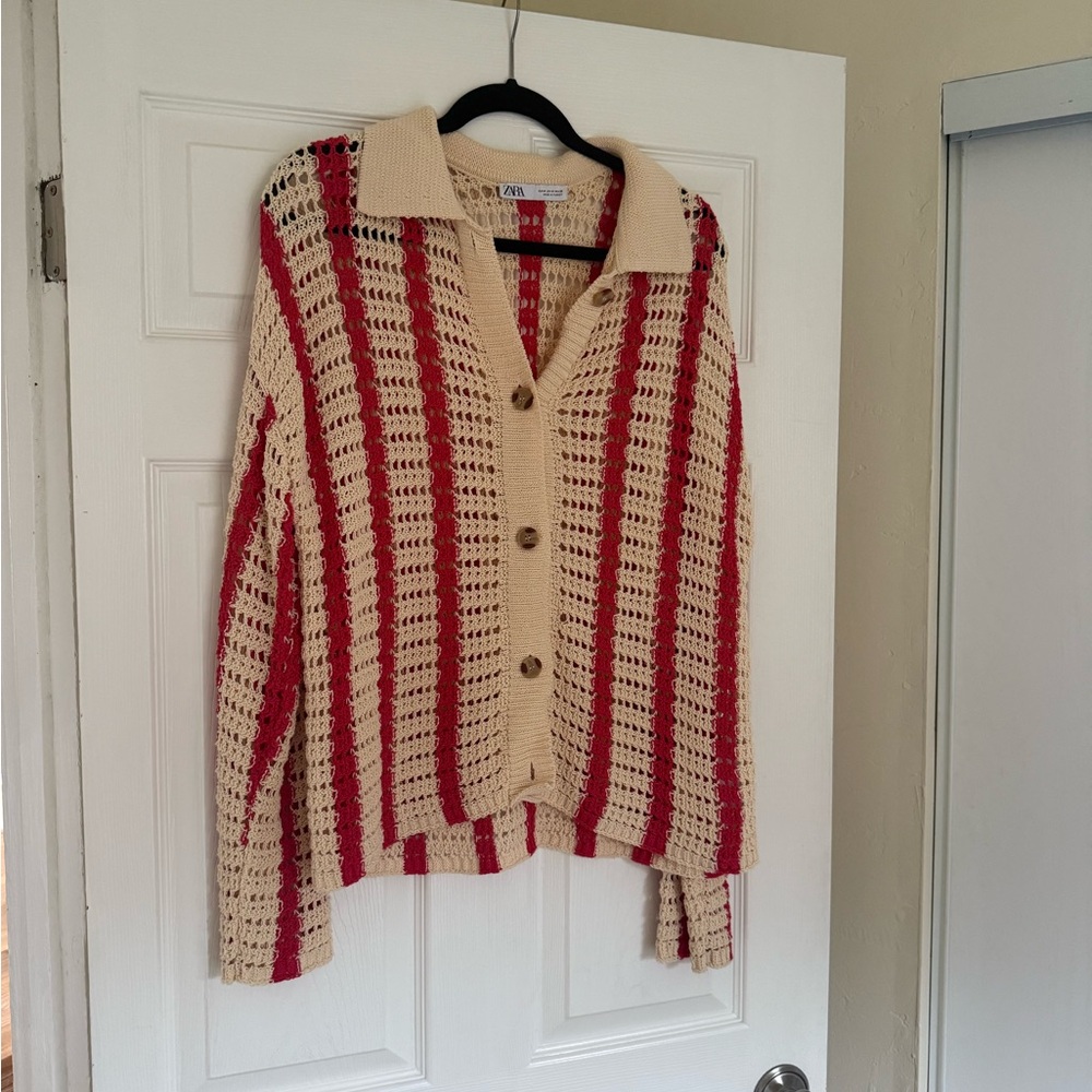 Zara Red and Cream Striped Cardigan